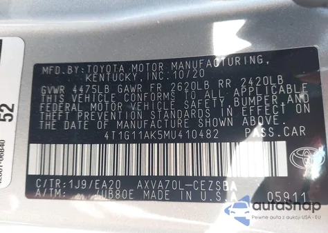 2021 Toyota Camry Se из США, поврежденный, VIN 4T1G11AK5MU410482